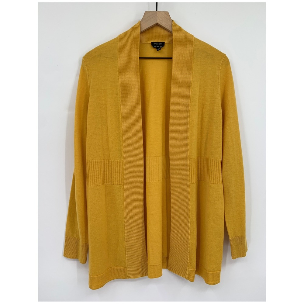 Talbots Sweater Medium Yellow 100% Merino Wool Lightweight Fall Ribbed Cardigan
